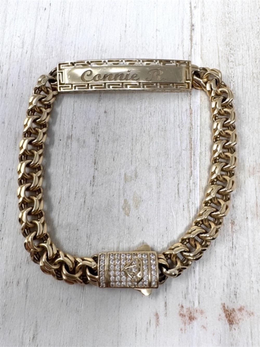 14K yellow gold and diamonds “Connie R” inscribed I.D. bracelet, 13G